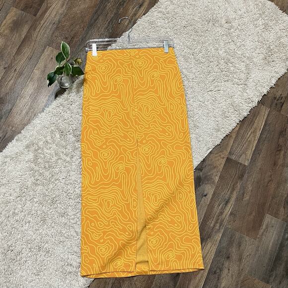 Zara Size XS Orange Yellow Abstract Print Cutout Pull On Midi Skirt - Picture 4 of 6